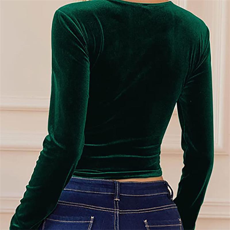 Осень-зима женская золотая бархатная короткая футболка с v-образным вырезом сексуальная однотонная футболка