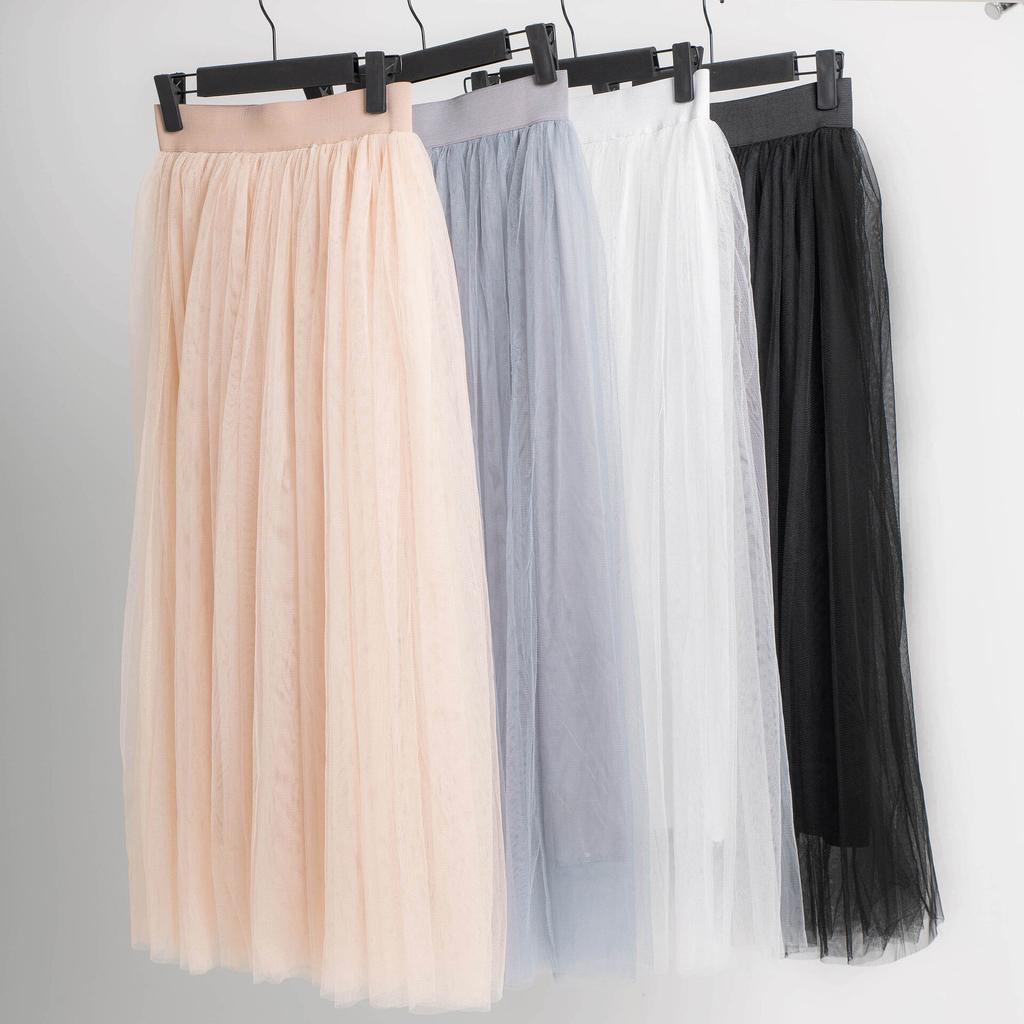 Elastic Waist Mesh Long Tulle Skirt Spring Autumn Elegant Vintage High Waist Ball Gown Gauze Tutu Skirt