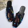 Fashion Women Casual Shoes Sequin Decoration Slipper Square Toe Flat Bottom Comfortable Platform Sandals Slides Outdoor Beach Slippers
