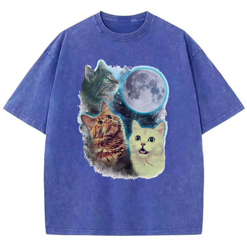 Funny T Shirt Vintage Washed  Cotton TShirt Cat Moon Star Graphic Tee Casual Streetwear Spring Summer Top Tee