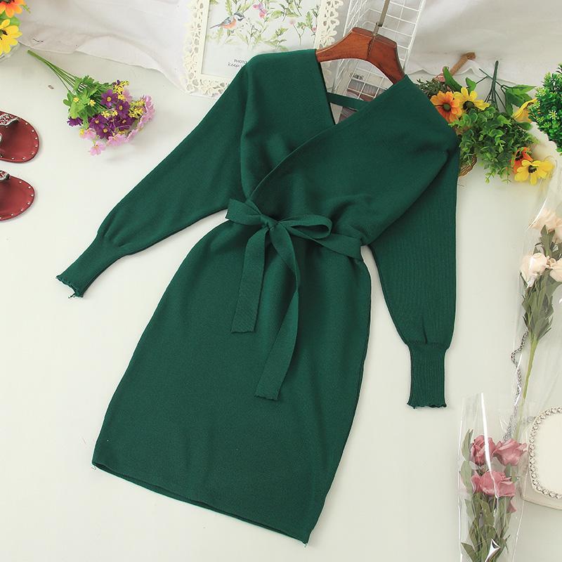 Stylish New Autumn Winter Bag Hip Sweater Dress Female Chic V-neck Bandage Dresses Sexy Women