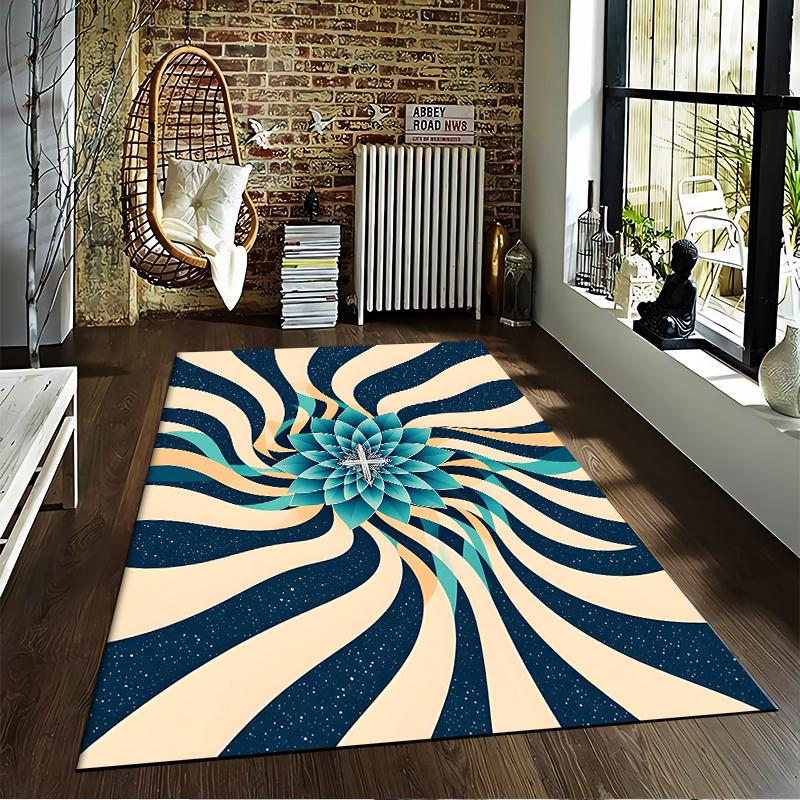 Abstract Blue Flower Pattern Carpet with Swirl Design, Modern Style Suitable for use as an anti-slip for living room bedroom sofas