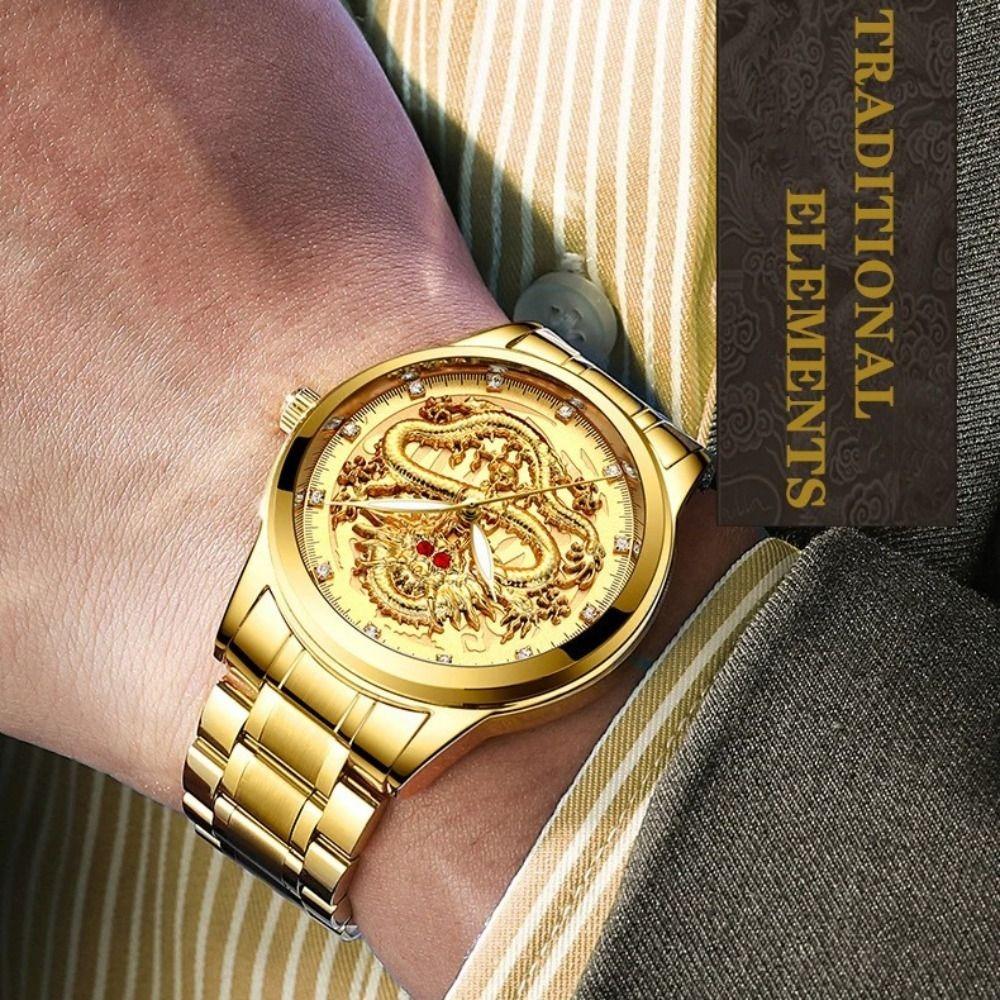 Stainless Steel Band Men's Watch Gold Color Dragon Pattern Clock Fashion Gold Dragon Watch Women