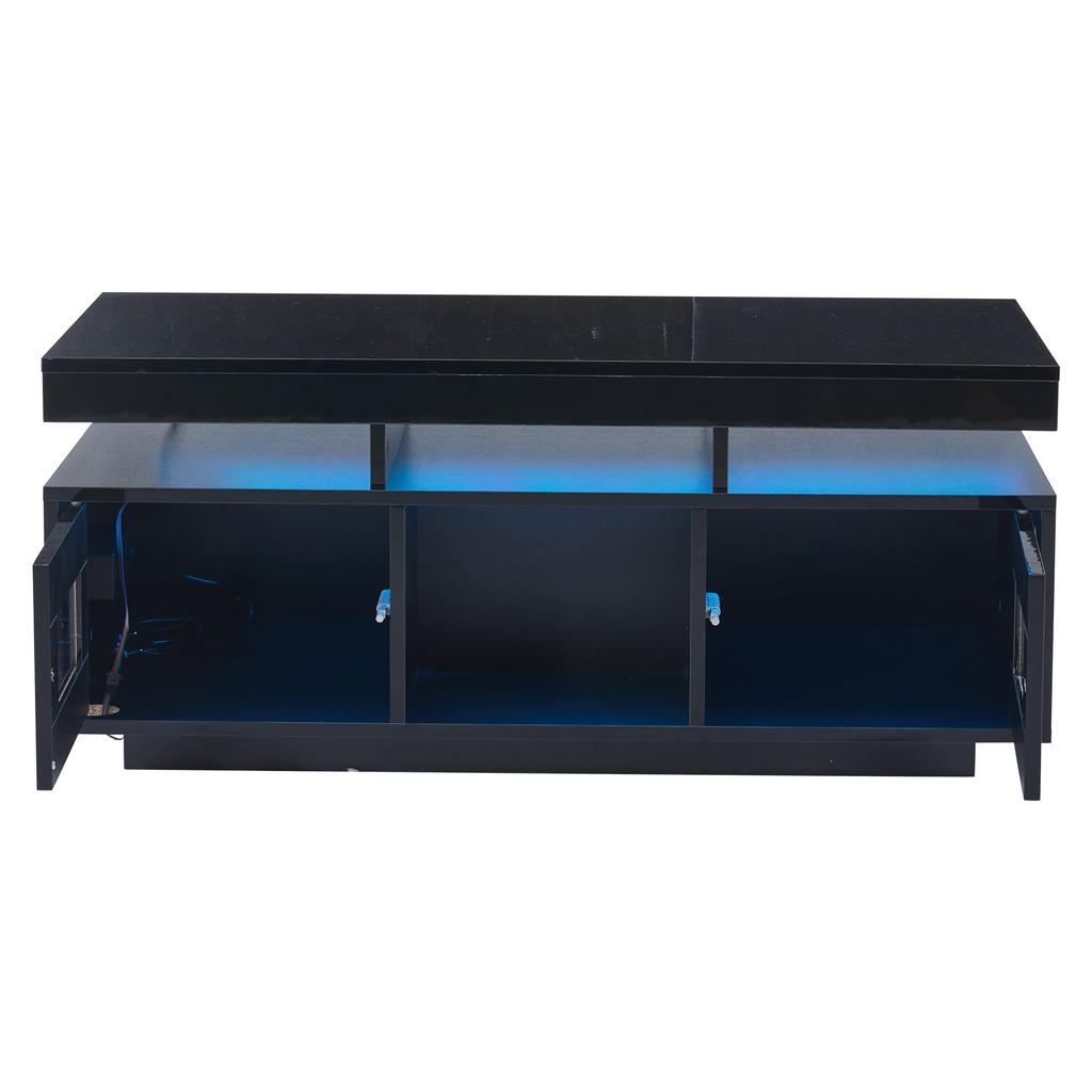 Couchtisch Schwarz, Hochglanz LED Beleuchtung, Kaffeetisch Schrank & Offene Staufächer, Sofatisch Rechteckiger Mitteltisch, 100×50×43cm