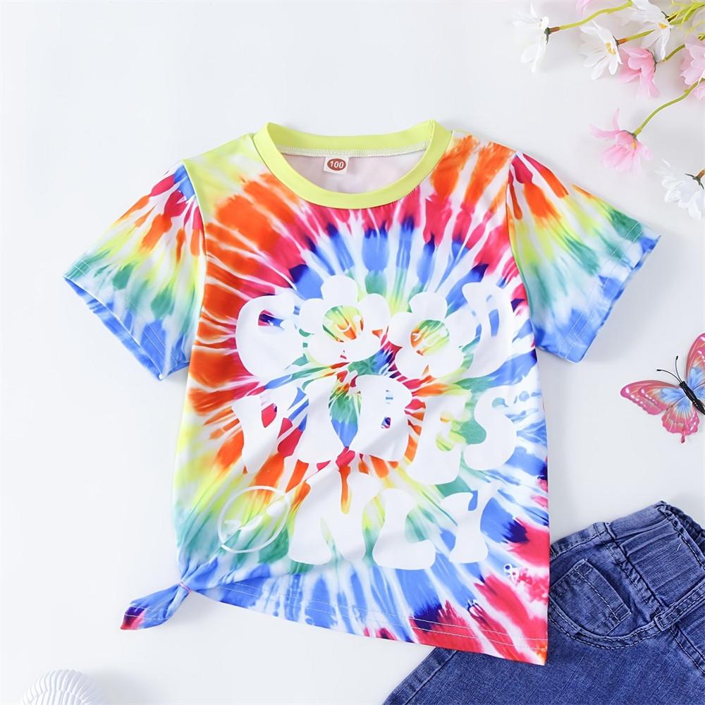 Футболка для девочек с принтом в стиле тай-дай и буквами, повседневная летняя одежда с коротким рукавом, футболка для мальчиков, детские футболки, топы для детей от 6 до 12 лет