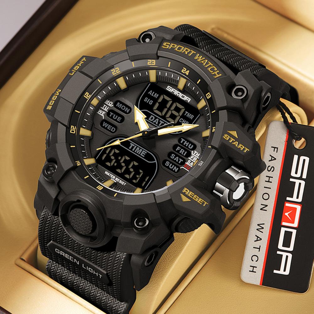 SANDA Спортивные военные мужские часы, роскошные часы с двойным дисплеем, водонепроницаемые кварцевые наручные часы 50 м для мужчин