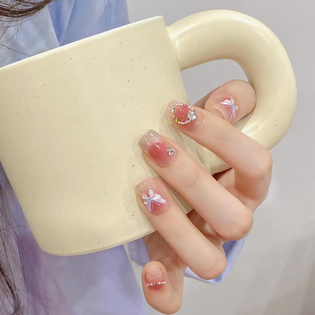 Butterfly Cat Eye Blush Fairy Bridal Press-On Nails, Medium-Long Stickers for 2025 New Year Style