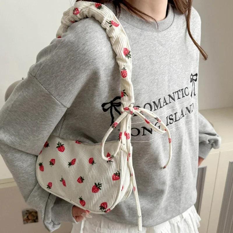 Corduroy Sweet Strawberry Crossbody Bag Cute Small Underarm Bag Fashion Trendy Zipper Handbag Mini Shoulder Bags Tote