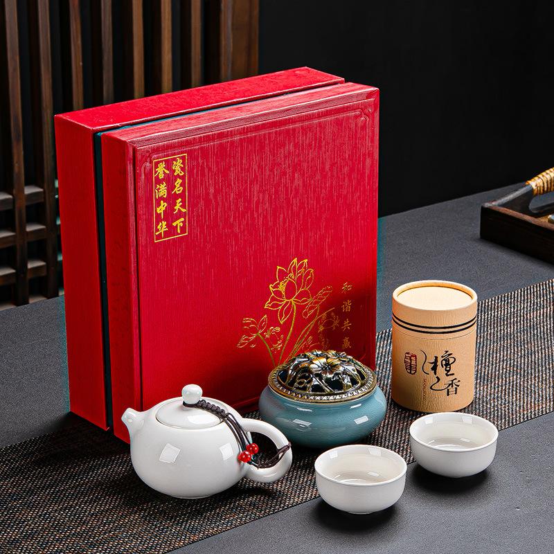 Guochao Ceramic Tea Set, One Pot, Two Cups and Four Cups Travel Gift Box Set.
