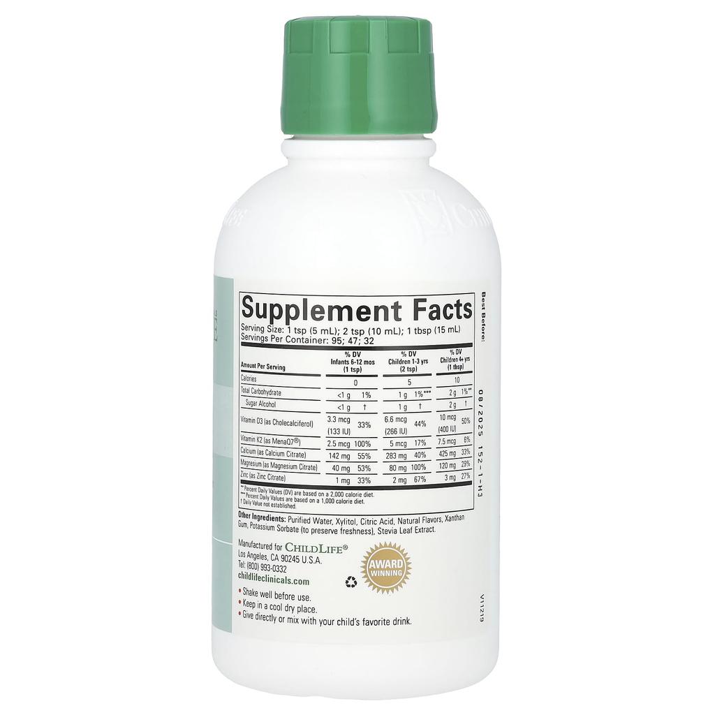 ChildLife Clinicals Liquid Calcium/Magnesium Formula with Vitamin D3 and Vitamin K2, Extra Strength, Natural Orange, 16 Fl Oz (473 Ml)