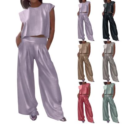 Женская мода, повседневный гладкий жилет, широкие брюки, два комплекта (2 куска)