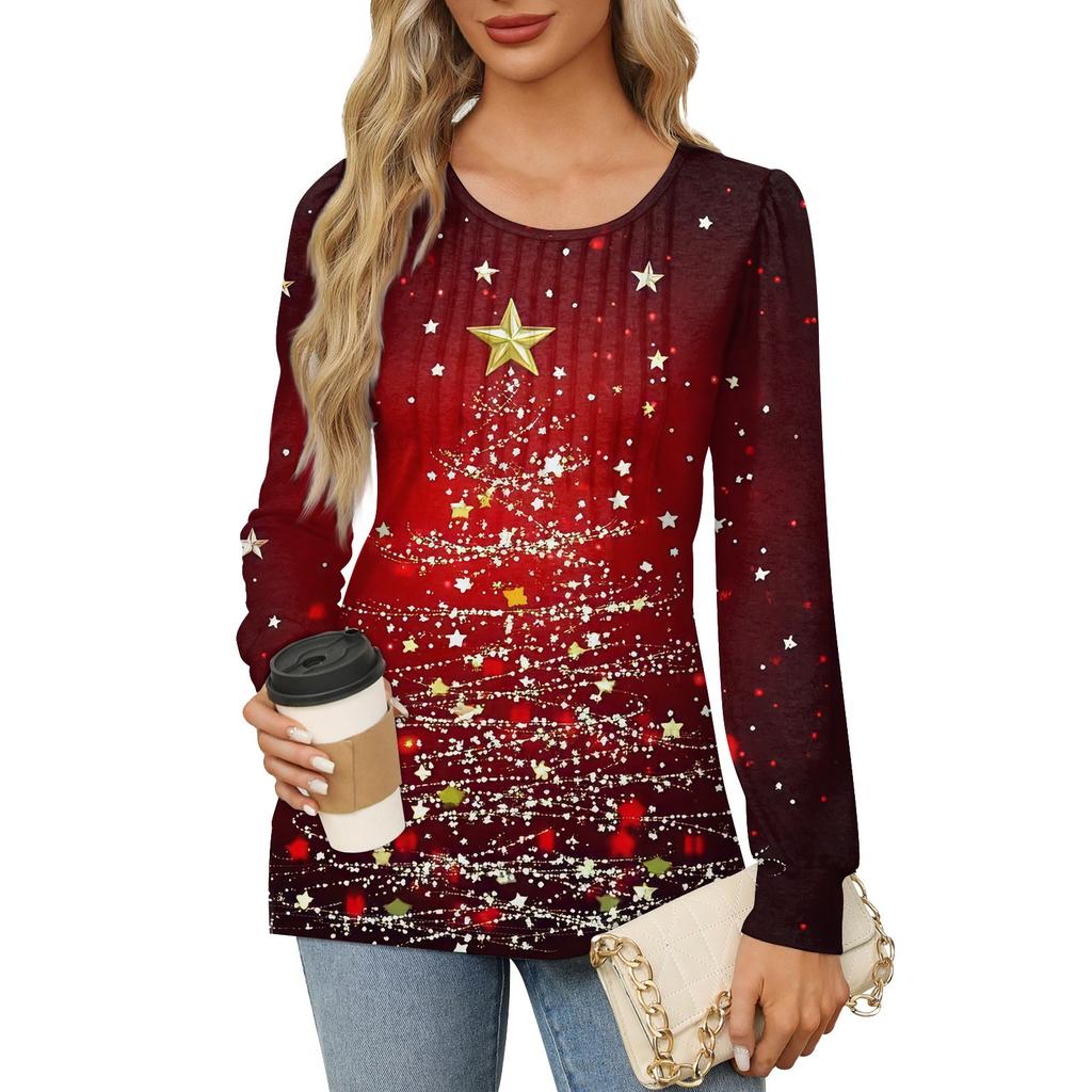 Рубашки с длинным рукавом для женщин Милые принты Графические футболки Блузки Нарядные повседневные блузки Плиссированные туники с круглым вырезом Топы Рождество
