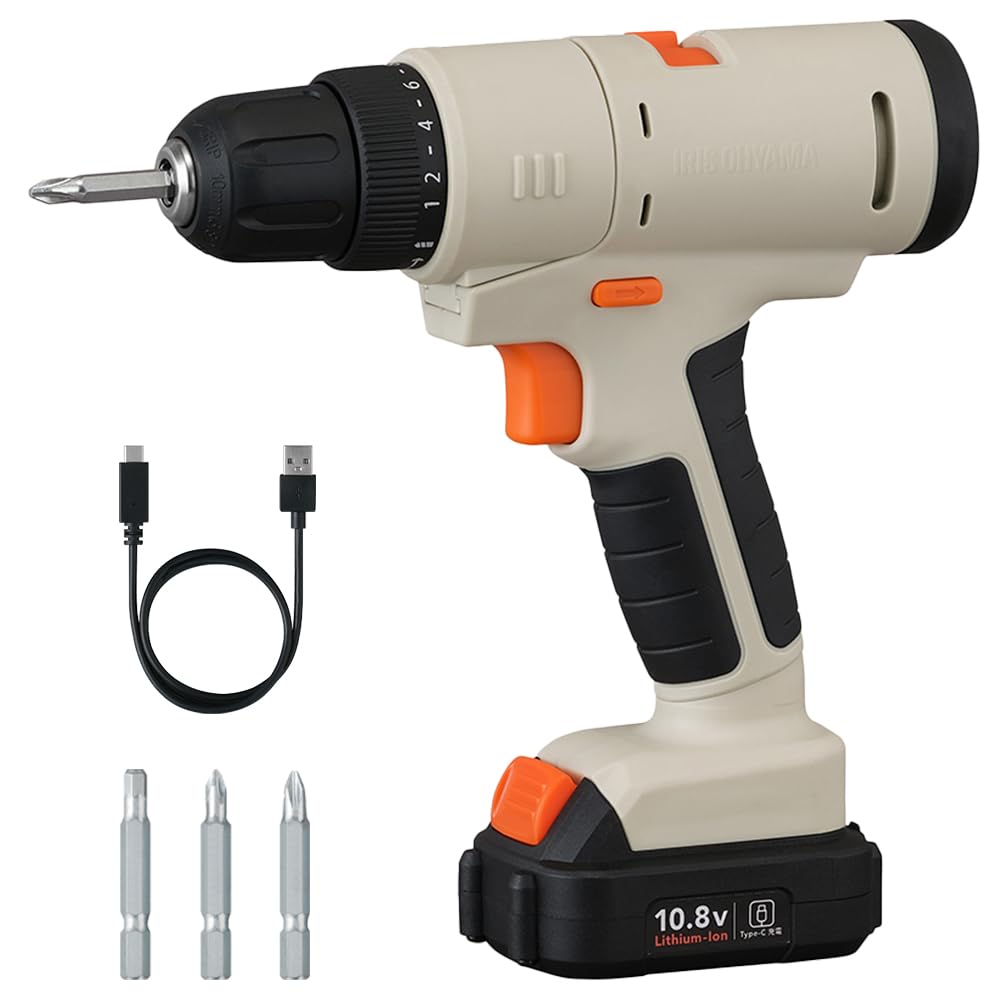 IRIS OHYAMA Rechargeable Drill Driver Set with No Charger Sand Beige 5-in-1 10.8V Multi-Gear Type-C Charging, Required, PJM10DRS,