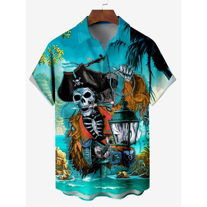 Мужская гавайская рубашка с рисунком скелета пирата капитана шторма парусного спорта с рисунком из мультфильма рубашка с коротким рукавом летние свободные пляжные рубашки для мальчика