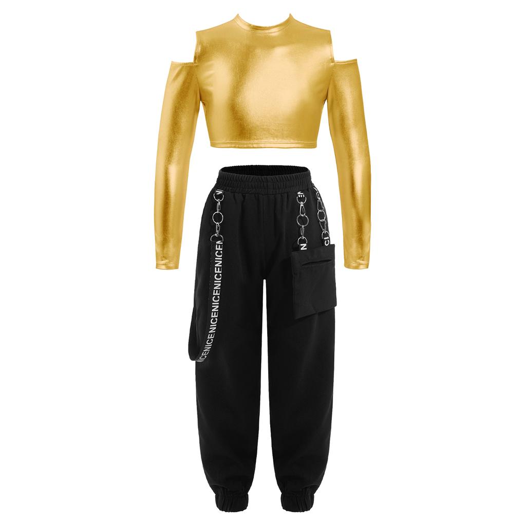 Детский укороченный топ с открытыми плечами и вырезом сзади для девочек, брюки с эластичной резинкой на талии для современного джаза, хип-хопа, танцев