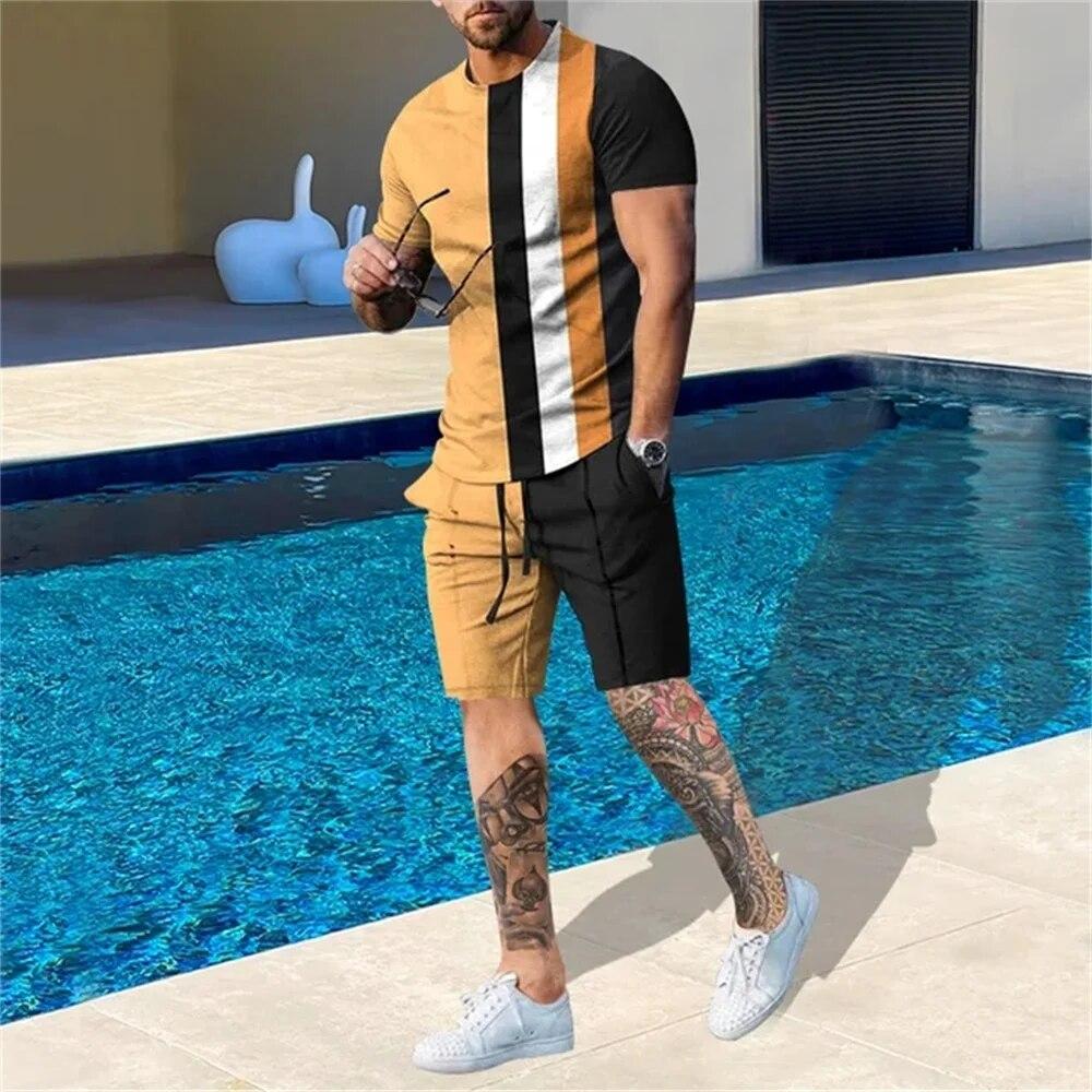 Summer New Men's Sportswear Patchwork Color Printing O-Neck T-Shirt 2-Piece Set Fashion Oversized Men's Tracksuits Casual Clothe