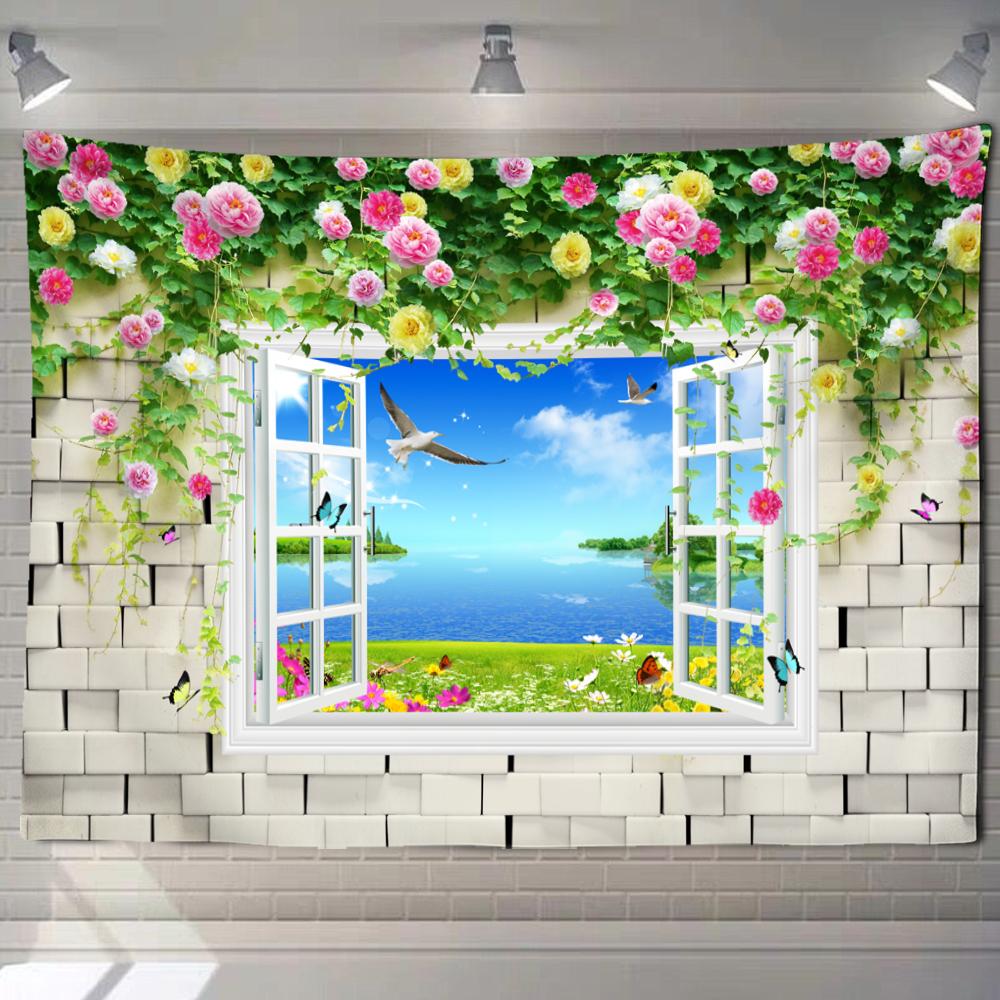 Beautiful Beach Scenery Window Painting Tapestry Wall Hanging Art Background Home Decor Aesthetics Outdoor Garden Poster