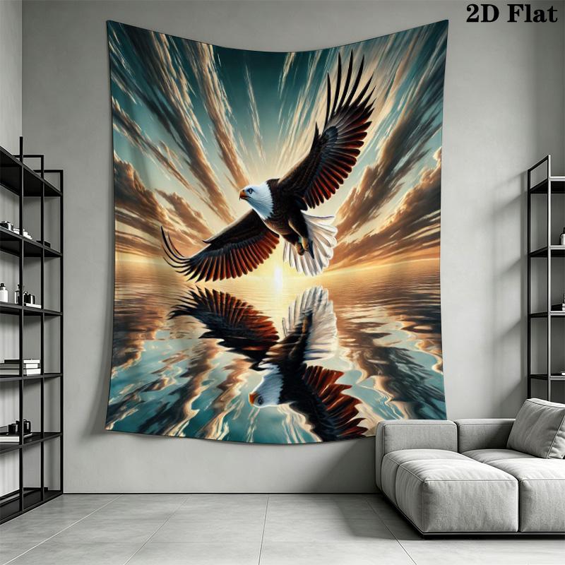 Bald Eagle Catching Fish Tapestry, Sunset Lake Forest Wildlife Oil Painting Wall Hanging Decor