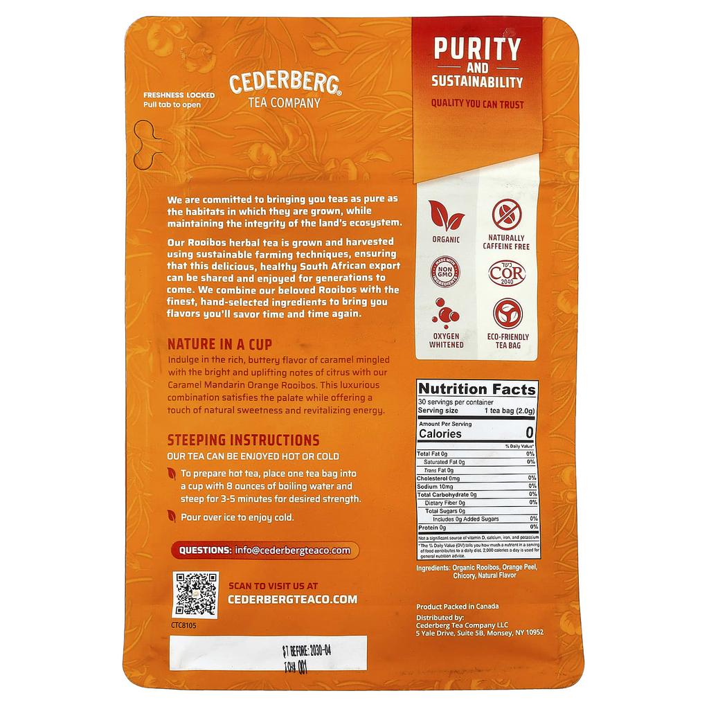 Cederberg Tea Co Caramel Mandarin Orange Rooibos, Caffeine Free, 30 Tea Bags, 60g (2.1oz)