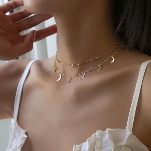 Винтажное многослойное ожерелье с подвеской из кристаллов, женское золотого цвета, бусины, луна, звезда, рог, полумесяц, колье, ожерелья, ювелирные изделия, новинка