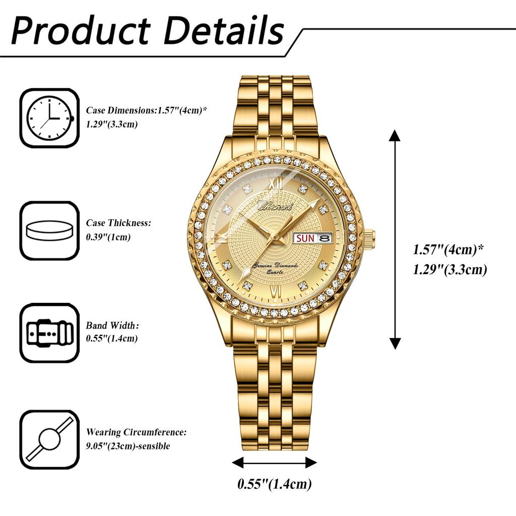 Stylish Women's Stainless Steel Gold Watch: Luminous Analog Display, Calendar, Day Display, 3ATM Water Resistance, Quartz Movement, Couple's Watch,