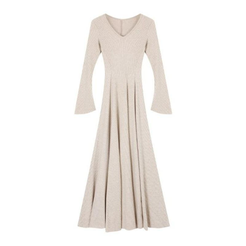 Womens V Neck Long Sleeve Dress Slim Fit Solid Color Winter Elegant Casual Party