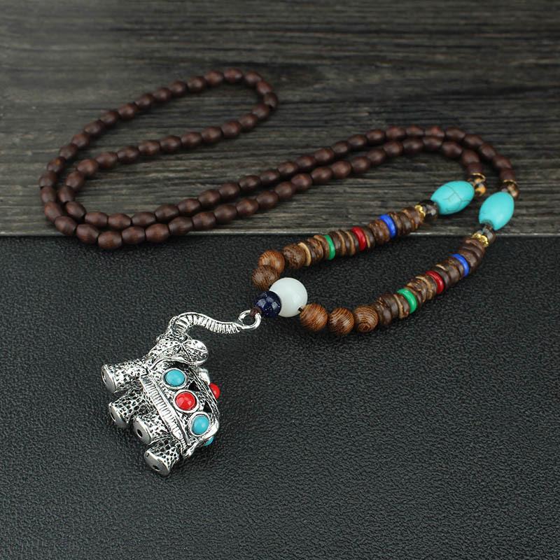 Ethnic Elephant Necklace Versatile Wooden Long Sweater Chain Handmade Vintage Buddha Cotton and Hemp Accessories Pendant