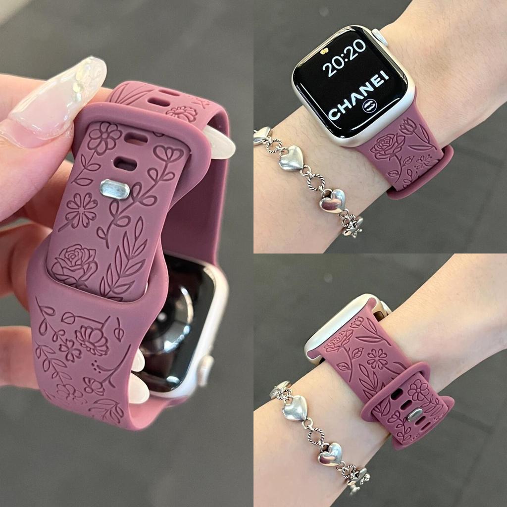 Силиконовый ремешок для Apple Watch 10 Ремешок 46мм 44мм 41мм 40мм 45мм 49мм Браслет с цветочным тиснением Correa Series 8 9 7 SE 4 5 Ultra 2