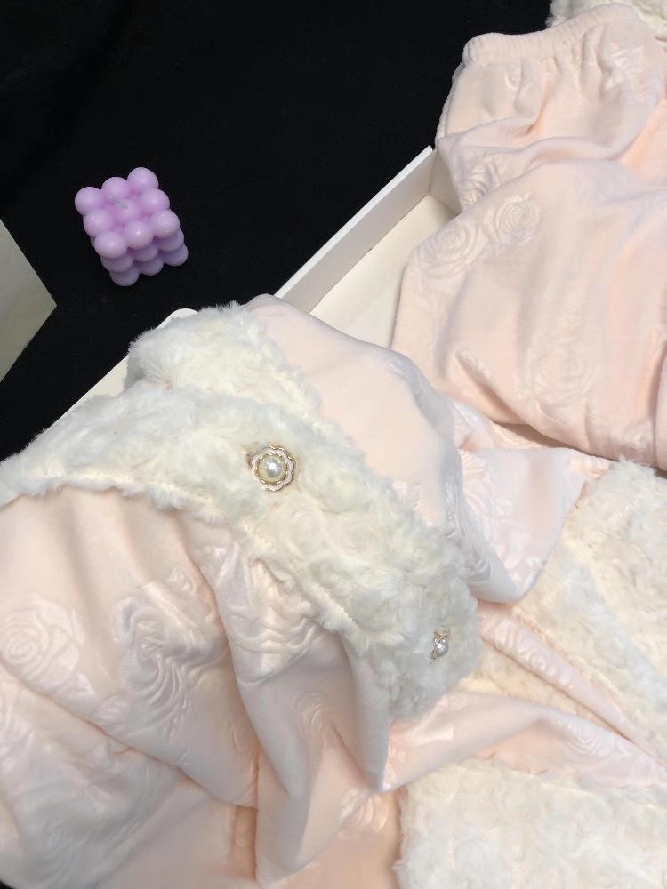 Женский пижамный комплект из розового флиса - Лонгслив и брюки, осенне-зимний стиль