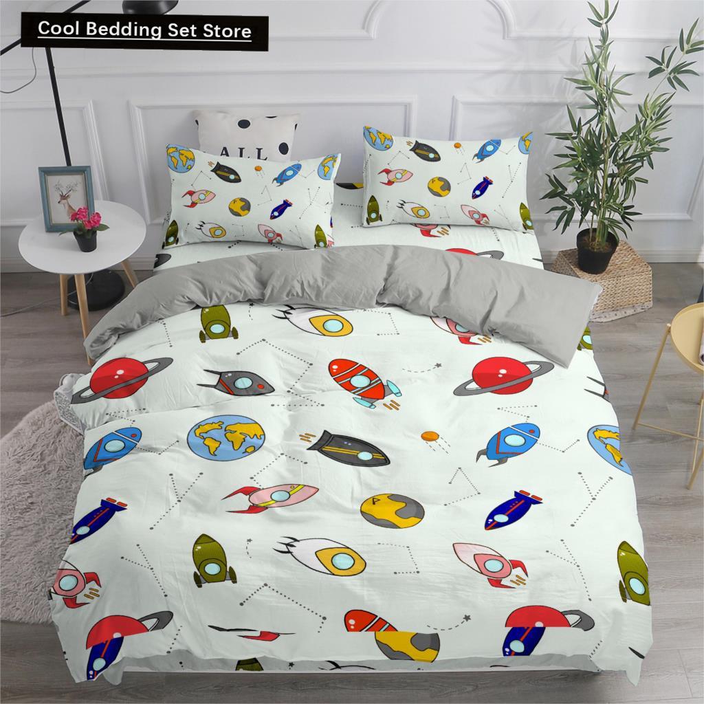 Cartoon Astronaut King Queen Duvet Cover Kawaii Spacecraft Bedding Set for Kids Outer Space Blue 2/3 Pcs Polyester Quilt Cover