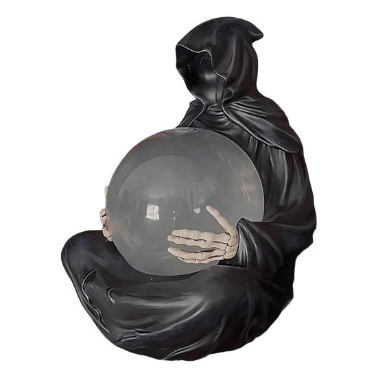 Halloween Crystal Ball Decoration Reaper Statue Gothic Spooky Sculpture with Light-Up Ball Halloween Statue Ornament