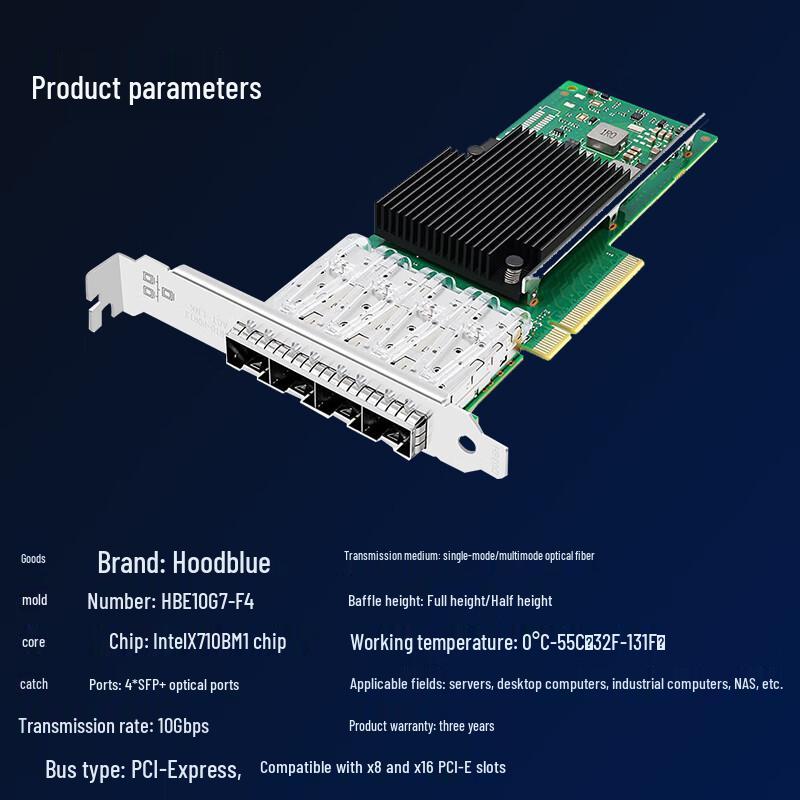 Сетевая карта Hoodblue 10 Gigabit с четырьмя портами SFP+ PCIe (Китайская версия)