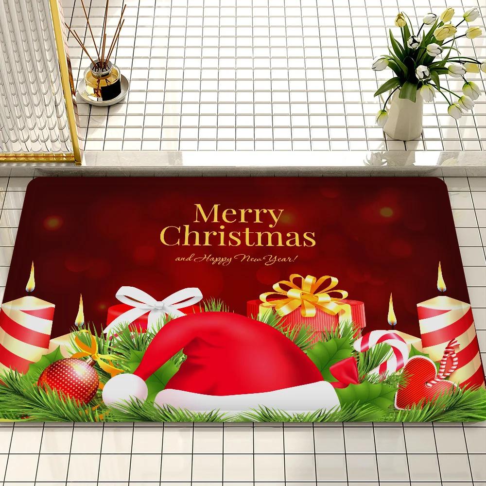 Рождественский тематический придверный коврик Праздничные узоры, такие как подарки, шапка Санты, конфеты Противоскользящий Прочный Входной коврик для помещений и улицы Домашний декор