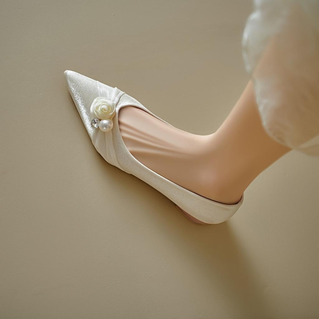 Французские туфли-лодочки с жемчужным цветком, острым носком и толстым каблуком, женские, не утомляют ноги, на низком каблуке, туфли для подружки невесты, туфли невесты, свадебные туфли, абрикосовые, микро