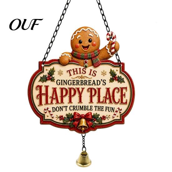 Christmas Sign with Bell Hanging Sign, Happy Place Front Door Bell, Indoor Outdoor Seasonal Wooden Welcome for Farmhouse Holiday Home Wall Decoration