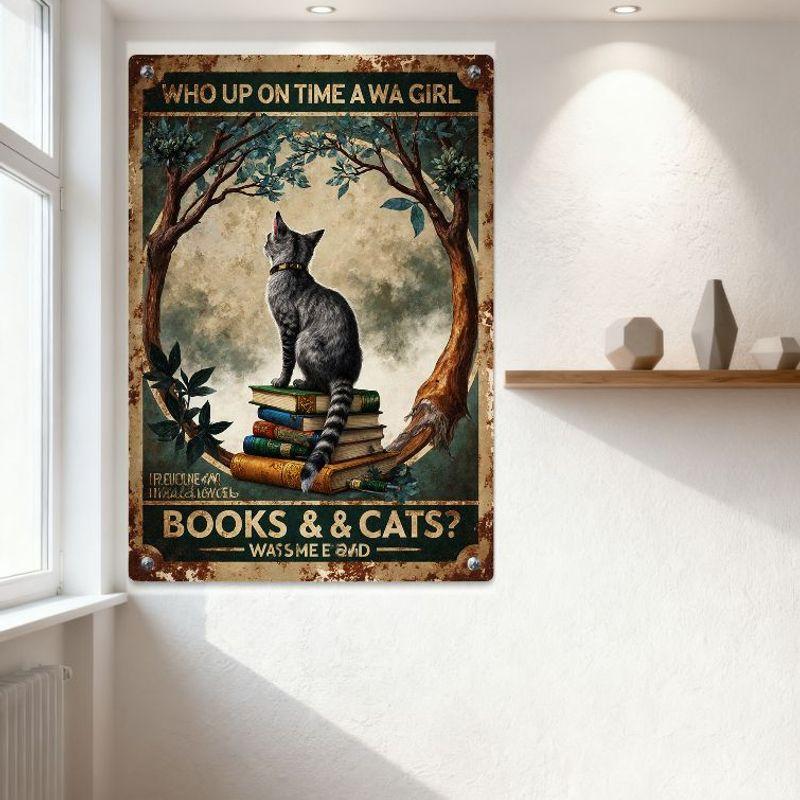 Винтажная причудливая металлическая табличка с изображением кота на книгах - арка из дерева с серым полосатым котом, ретро-жестяная табличка для дома, кафе, бара, настенный декор, «Кто вовремя?»