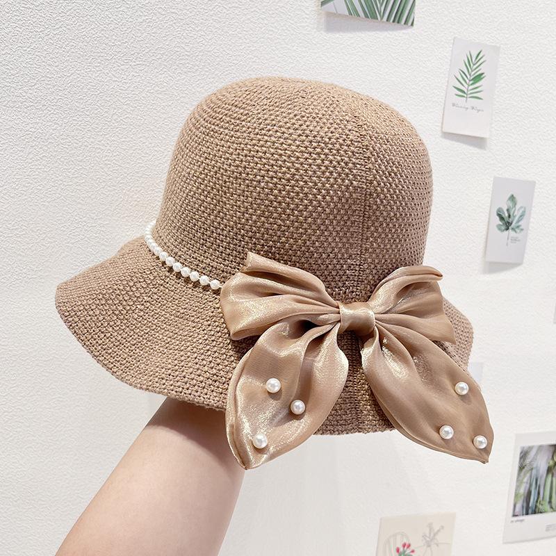 Women's Hat Summer Beach Tourism Vacation Pearl Bow Straw Hat Sunscreen Sun Hat Elegant Sunshade Hat