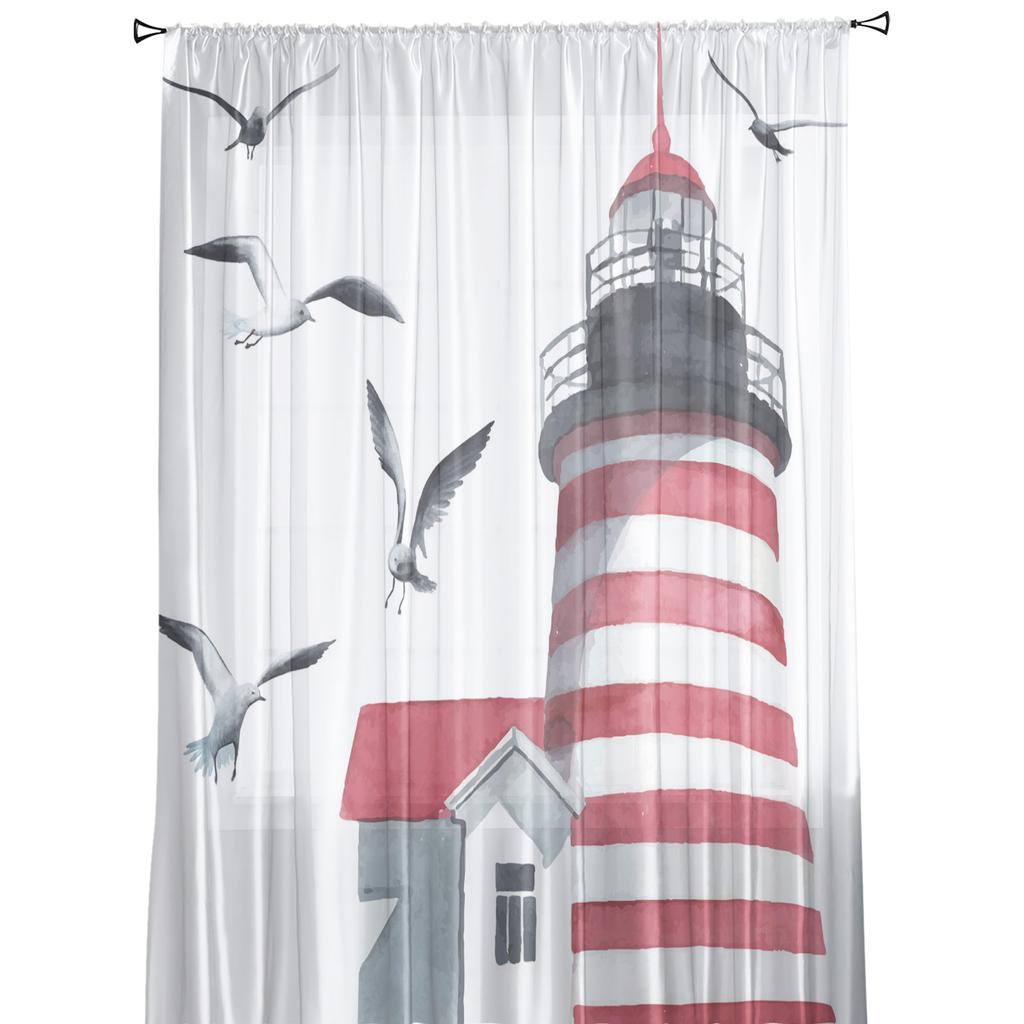 Маяк Чайка Акварель Искусство Белые Прозрачные Шторы для Украшения Гостиной Оконные Шторы Кухонные Тюль Вуаль Шторы