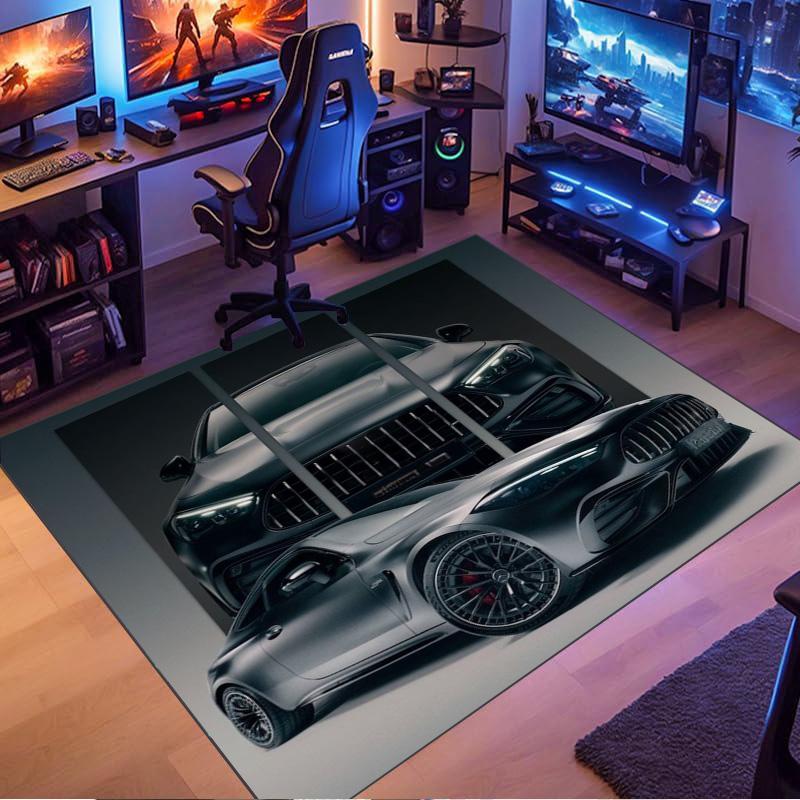 Matte Dark‑Grey Luxury Sport Car Dual‑View Print Area Rug Non‑Slip Rectangular Floor Mat Auto Fan Decor for Gaming Bedroom Living Room