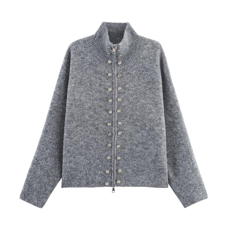 French Vintage Knit Cardigan Casual Zip Front Button Detail Loose Fit 2025