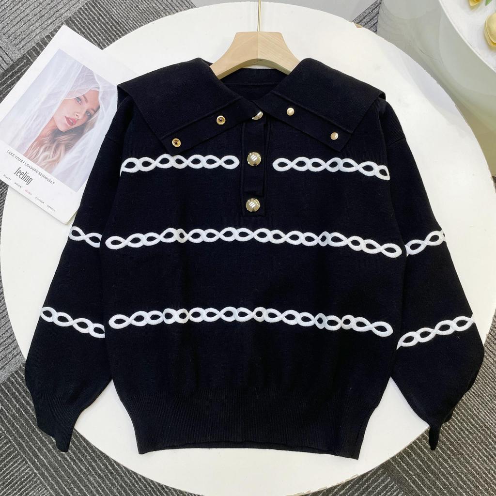 French Style Women's Navy Collar Wool Sweater - Winter Loose Striped Embroidered Knit Pullover