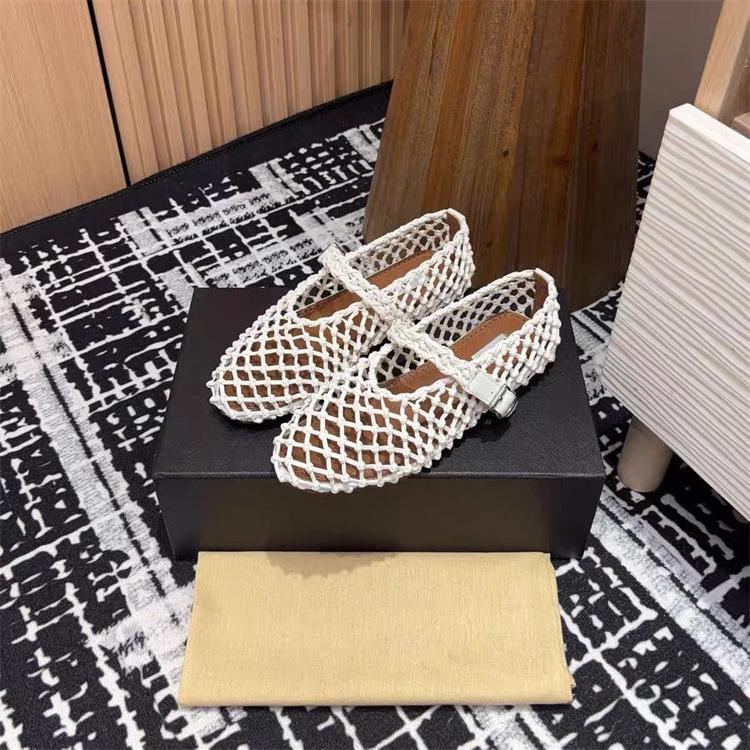 Мода 2025 Лето Балетки Женские Туфли Мэри Джейн Женские На плоской подошве Сетчатые Рыболовная сеть Полые Одинарные туфли Сандалии