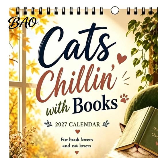 Decorative Wall Decor Cats Chillin' with Book 2027 Calendar, 12 Month Monthly Planner, Thick Small Space Calendar Paper Daily Planning for Home Office
