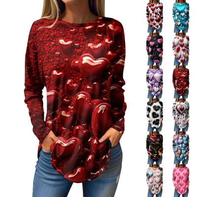 Футболки для женщин Повседневные рубашки с круглым вырезом и длинным рукавом с принтом ко Дню святого Валентина Топ-пуловер