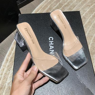 Розовые прозрачные туфли на высоком каблуке, сексуальные женские тапочки 2024 года, модные женские босоножки со стразами и открытым носком, туфли на толстом каблуке