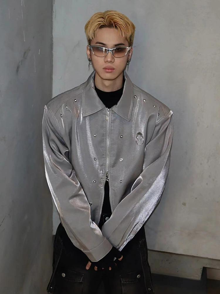 Unisex High-End Liquid Metal Star Design Short Jacket with Lapel and Drop Shoulders