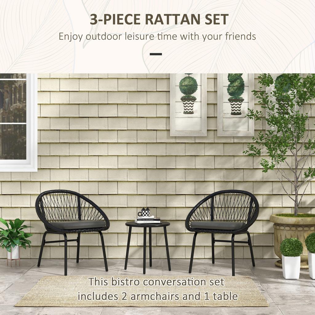 Three Piece Rattan Bistro Set Black