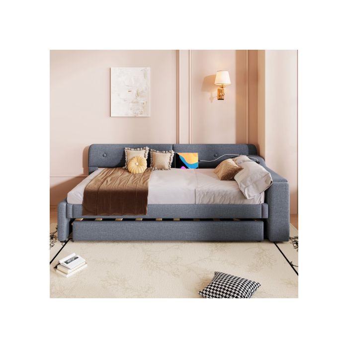 Canapé-lit - MUVOE - 90x200cm - Gris - Avec sommier à lattes - Rangement intégré