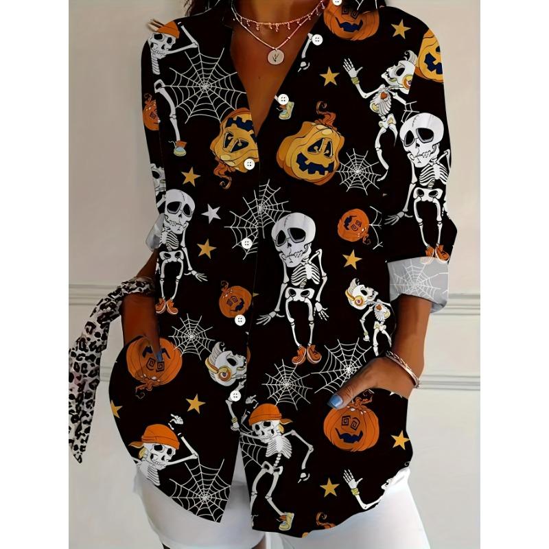 (New Halloween style) skull bouncy and pumpkin head printed long-sleeved lapel shirt