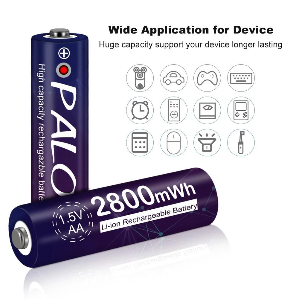 PALO AA Li-ion Rechargeable Battery HR6 2800mWh 1.5V AA Lithium Ion Batteries 2AAA Battery For MP4 Mouse